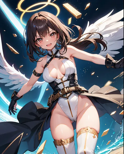 fantasy, 1angel_girl,child, loli,brown_hair, medium_bob_hair, long_bangs, halo,bare_shoulder,thighhighs,silver_armor, waist_armor, large_breasts,angry,grinning,open_mouth_teeth, 1pair_wings, dynamic_pose_fighting,floating, bare_crotch, headgear,gauntlet, g...