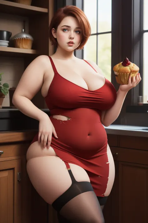 masterpiece, (photorealistic), (8k) , (best quality), perfect quality, solo, (detailed eyes:0.9), girl, red short curvy hair, very young, face : (very young, European, eating muffin, very beautiful face, young). figure : (very full figure, curvy, chubby be...