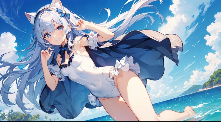 ((2D Beautiful Girl、top-quality、perfect fingers:1.1、perfect anatomia:1.1、Perfect outfit、face perfect：1.1、Beautiful illustration))、(transform sequence)、((cute decorative headband、White and light blue swimsuit)、14years、Solio、hime、Fractal Art、baby-face、((stri...