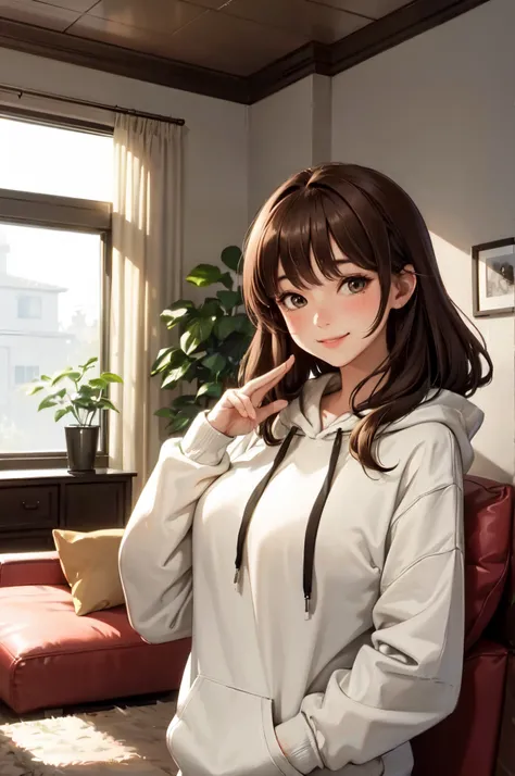 1lady standing, /(oversized hoodie/), mature female, /(brown hair/) bangs, blush kind smile, (masterpiece best quality:1.2) delicate illustration ultra-detailed, large breasts BREAK /(modern house living room/) indoors