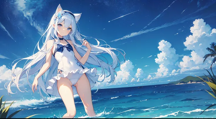 ((2D Beautiful Girl、top-quality、perfect fingers:1.1、perfect anatomia:1.1、Perfect outfit、face perfect：1.1、Beautiful illustration))、(transform sequence)、((cute decorative headband、White and light blue swimsuit)、14years、Solio、hime、Fractal Art、baby-face、((stri...