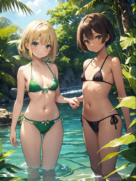 top-quality、extremely delicate and beautiful、Elementary school girls、5th grade elementary school、（（Green Micro Bikini））、mesugaki、A smile、a blond、(Brown skin)、Sea on jungle background、is standing、short-hair