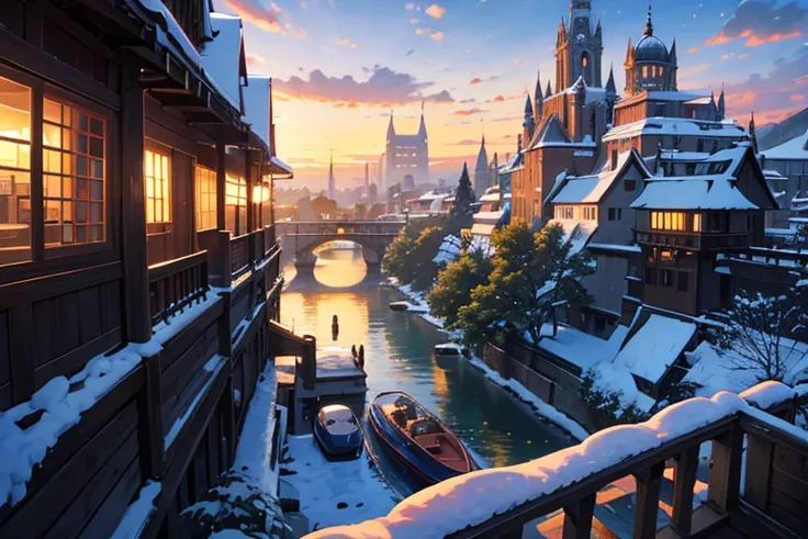 masutepiece, Best Quality, Ultra-detailed, fine detailed, 8K, breathtaking sights, Spectacular views, Dawn of a big port city, Dawn sky, Sunrise sky, the morning sun, Blue Hour, the golden hour, early morning, winter, snow, powder snow, Multiple large floa...