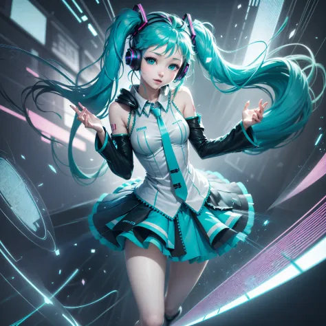 ((best illustration, anime style, full body shot, 1 girl, hatsune miku)), blue and turquoise hair, headphones, big blue eyes, dy...