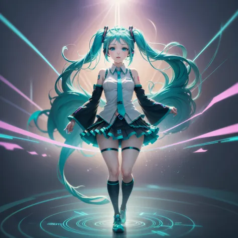 ((best illustration, anime style, full body shot, 1 girl, hatsune miku)), blue and turquoise hair, headphones, big blue eyes, dy...