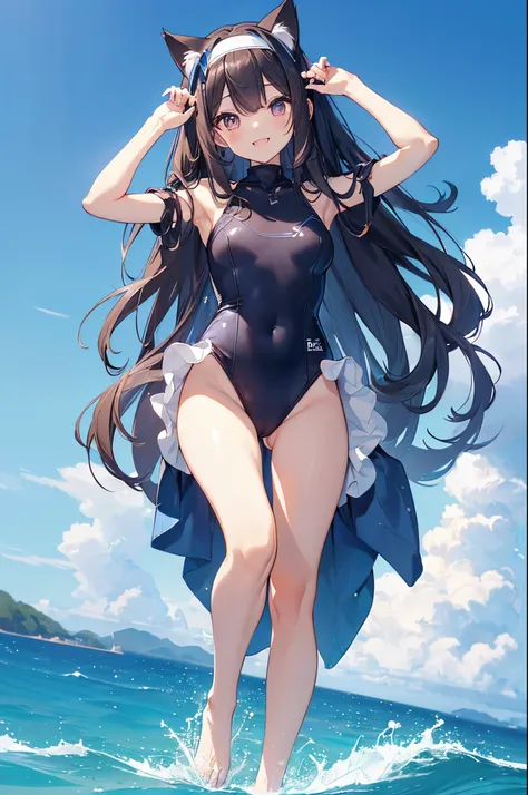 ((2D Beautiful Girl、top-quality、perfect fingers:1.1、perfect anatomia:1.1、Perfect outfit、face perfect：1.1、Beautiful illustration))、(transform sequence)、((cute decorative headband、Idol style swimsuit)、14years、Solio、hime、Fractal Art、baby-face、((stright long h...