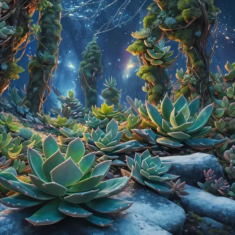 tmasterpiece，Best quality，high high quality，The is very detailed，8K，(Close-up of succulents:1.5),Fantastic snow and ice jungle，ice witch，Colorful ice magic，Glowing Elves，Natural elements in the forest theme，Colorful snow and ice jungle，Epic fantasy art sty...