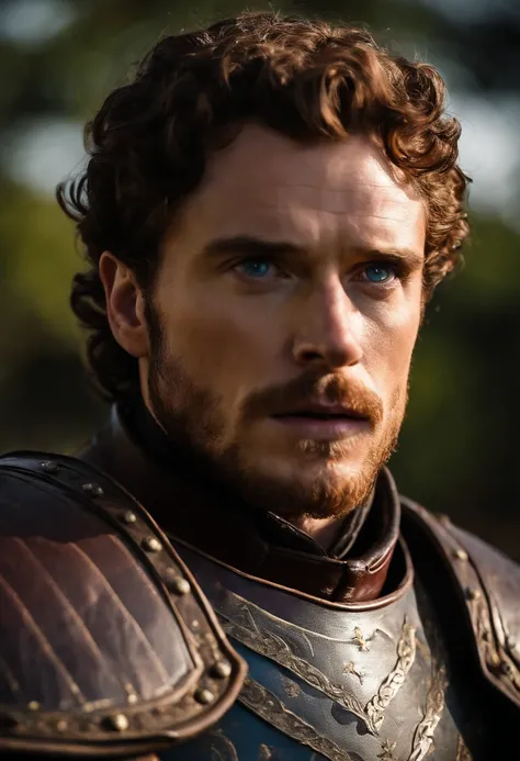 A photo of Robb leading a group of men in training exercises,Game of Thrones TV series,Robb Stark has curly auburn hair, blue eyes, and stubble. Famously portrayed by Richard Madden.