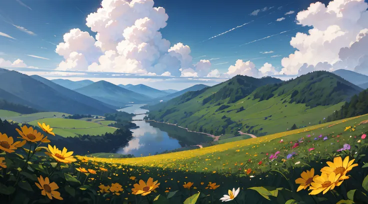 summer, meadows, a few small flowers, clear lakes, heaven, large clouds, blue sky, hot weather, hd detail, hyper-detailing, cine...