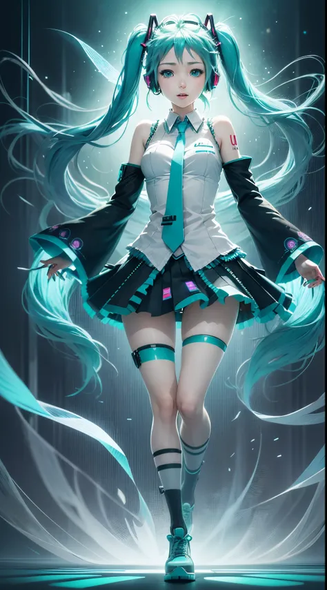 ((best illustration, anime style, full body shot, 1 girl, Hatsune Miku)), blue and turquoise hair, headphones, big blue eyes, dynamic pose, floating, ethereal background, light rays, neon lights, holographic effects.