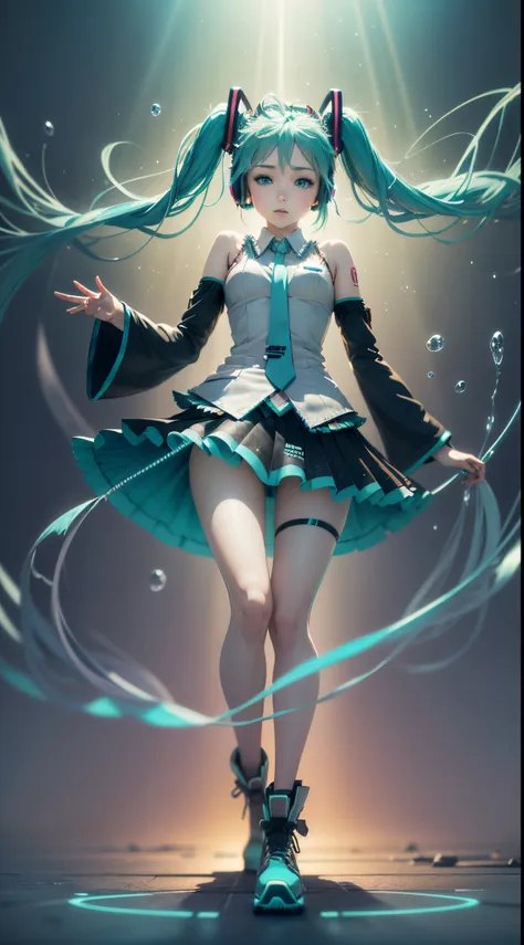 ((best illustration, anime style, full body shot, 1 girl, hatsune miku)), blue and turquoise hair, headphones, big blue eyes, dy...