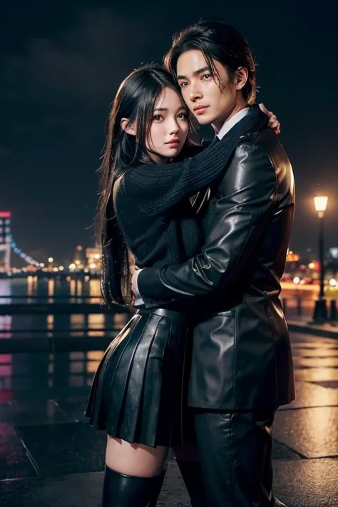 (Best Quality,4K,8K,hight resolution,masutepiece:1.2),Ultra-detailed,(Realistic,Photorealistic,Photorealsitic:1.37), Portraits,Illustration,Tokyo Tower at night,Lightning.Heavy rain,Storm,hug, Happy Japanese man and woman passionately embrace each other, Y...