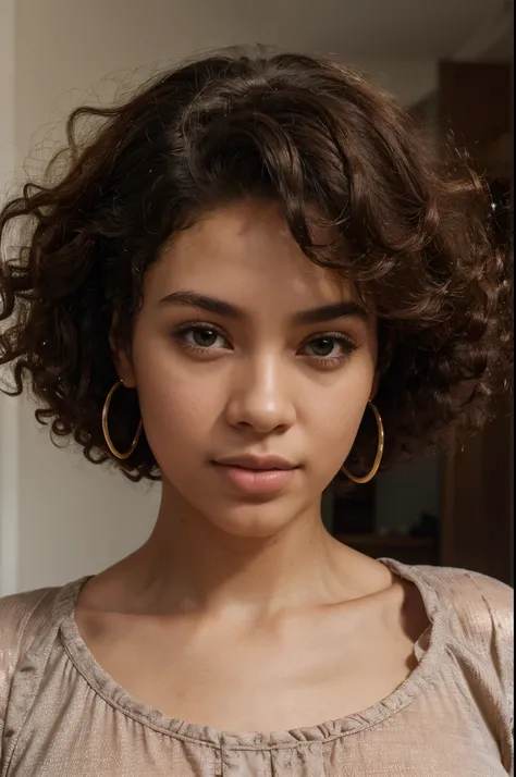 cute mixed race afro-european, curly hairstyle, natural skin, realistic, gorgeous,perfect angle, verified details, 26 years old, sharp focus, brown eyes, realistic skin, masterpiece, realistic details, highly detailled, wearings an entire pyjama, 4k, high ...