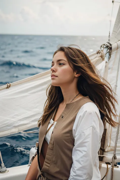 There is a girl with brown hair, the length of her hair reaches to the end of her neck. this girl is sailing a one-person sailboat at sea.