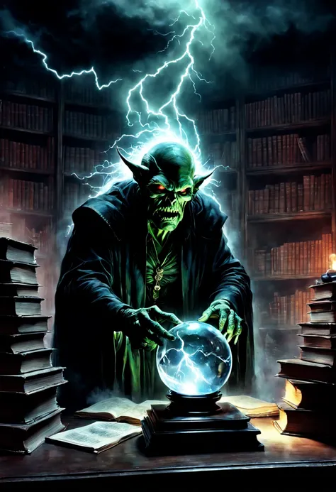 Ghoul monster, reminiscent of Gabriele DellOtto and Bob Peaks styles, clutching a crystal ball, amidst a study classroom with stacks of books, meticulous detail, epic, brilliant, intricate, dramatic, atmospheric volumetric lightning, beamlight enhancing th...