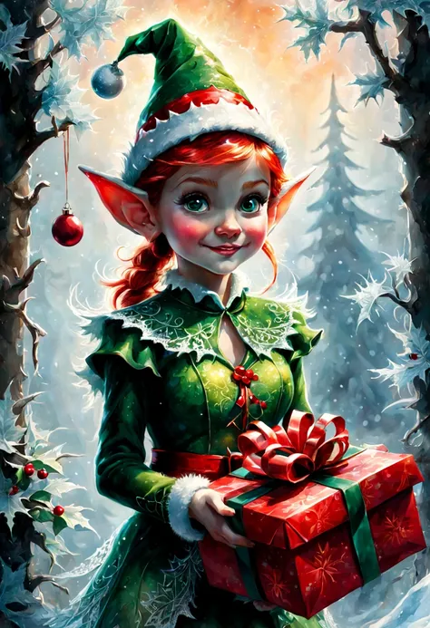 Cinematic luminism-style masterpiece depicting a cartoon Christmas Elf with gifts, adorned in frost lace, set within a fantasy Christmas theme bathed in sunlight with intricate detailing, Gabriele DellOtto, Bob Peak inspired, conceptual portrait, wide angl...