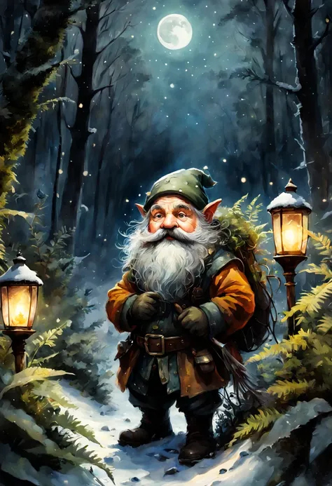 Dwarf, cinematic Luminism style illustration, awaiting first snowfall, in focus, night ambiance, fireflies and moonlight enhancing the scene, watercolor painting akin to Jean-Baptiste Monge with vivid winter hues, big expressive eyes catching the light, su...