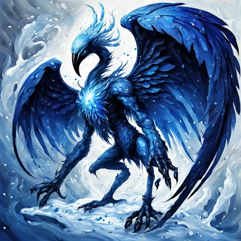 Djinn in deep blue with white speckles ebony-black paws with ice claws and massive wings growing from the head, masterpiece, best quality, in orphism art style