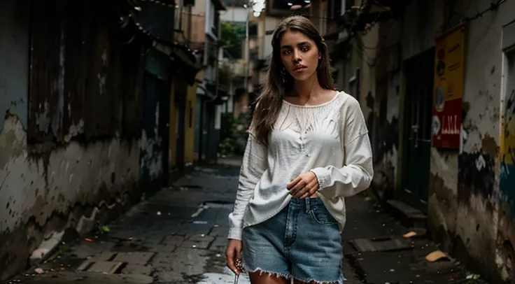 Melhor qualidade de imagem, obra-prima, super high res, (fidelidade: 1.4), foto, 1 menina, camisa branca, jeans rasgado, white sneakers, escuro, darkeness, desespero, pena, pobre, filme, Teary, teardrop drops, (roupas rasgadas: 1.5), (roupas molhadas: 1.4)...