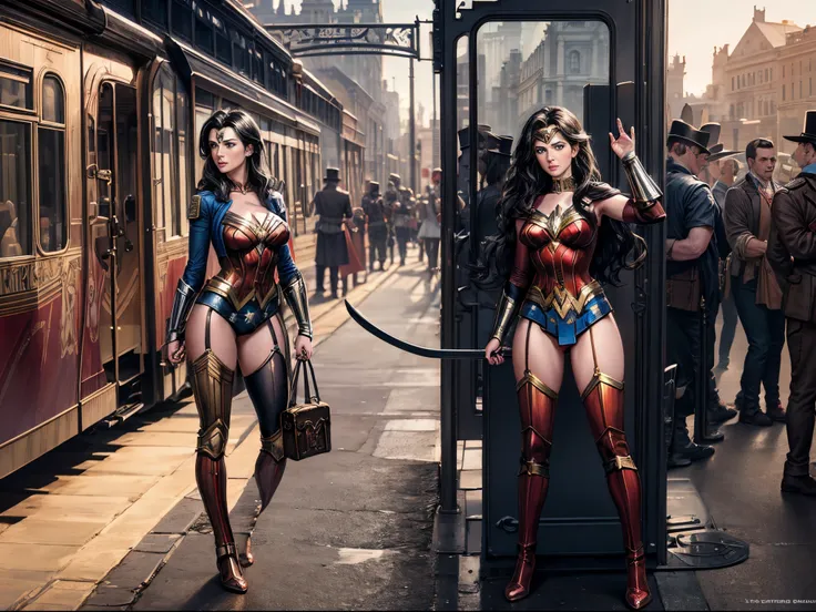 Transport Wonder Woman to a Victorian-era steampunk universe, blending historical elements with advanced rendering techniques to create a unique and visually rich composition.