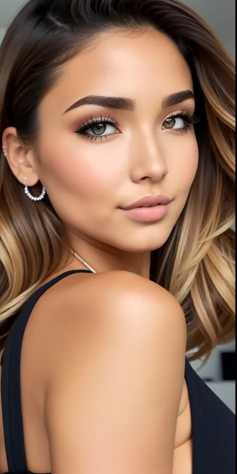 um close up de uma mulher com cabelos longos usando um vestido preto, Pokimane, Retrato Sophie Mudd, Retocado no Photoshop, rosto bonito fotorrealista, beleza de cair o queixo, Gemma Chan Retrato da menina, rosto bonito hiperrealista, retoque profissional,...