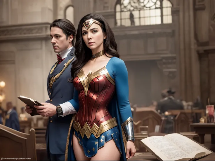 Transport Wonder Woman to a Victorian-era steampunk universe, blending historical elements with advanced rendering techniques to create a unique and visually rich composition.