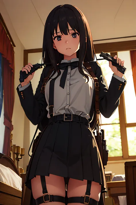 ​masterpiece、flat-colors、depth of fields、lens flare 1 girl、、Brown hair、watching at viewers　　　black suspenders　　　huge tit　　　 　 　　　walls: 　Black miniskirt　garters　　　　　　Gaze　　　Small face　bangss 　　　holster　　Belt Armament　Beautuful Women　srestrained　hands up　Ly...