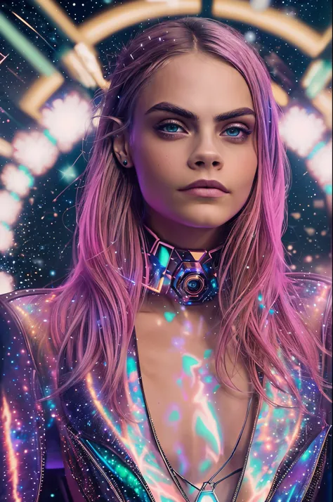 "Generate an AI-powered masterpiece featuring Cara Delevingne in a futuristic space setting. Envision her in an outfit that seamlessly blends futuristic fashion with elements inspired by the cosmos. Picture her surrounded by a celestial backdrop of swirlin...