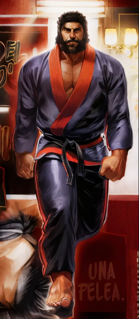 Una imagen de un hombre con ropa de karate negra, de pie, estilo manga full color.