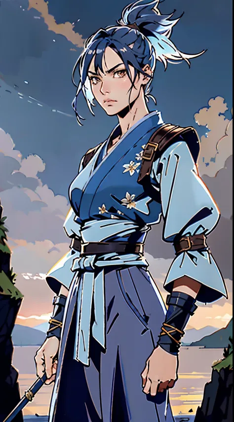 A young women, indigo blue hair, raised and fluffy short hairstyle, sharp gaze, a serious expression, a fantasy martial arts style sky-blue fabric kung fu outfit, tattered sleeves, hands wrapped with cords, a linen belt tied around the waist, coarse fabric...