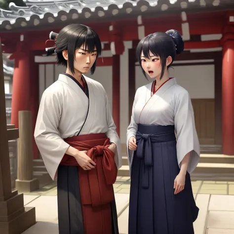 A samurai with an androgynous appearance wearing a haori and hakama is flustered after being scolded by a shrine maiden.