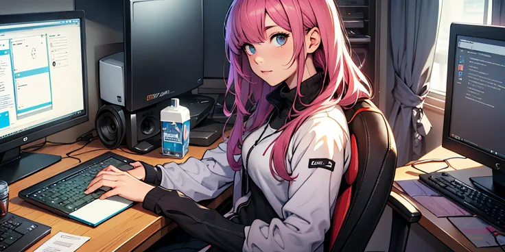 Girl sitting with Gaming chair in front of Computers Monitor --auto --s2