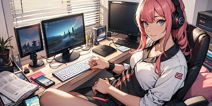 Girl sitting with Gaming chair in front of Computers Monitor --auto --s2