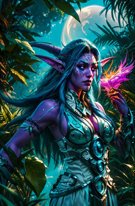 ultra high detailed 3d render of a tyrande whisperwind wondering through jungle, high quality, super quality, sharp details, hig...