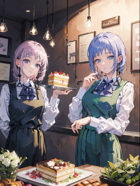 best quality, masterpiece, 2 girls, cafe, cake