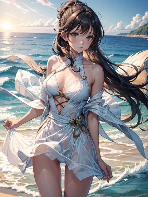 beauty and appearance，sexy brown skin，There are traces of the sun，big boobs and big ass，Tall，Round and smooth，Delicate skin hawaii beach，Blue sea and sky，White sand beach spreads out，Its like a gorgeous picture，Its heart-warming。A gentle breeze，Brings a fr...