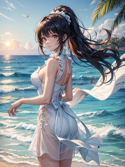 beauty and appearance，sexy brown skin，There are traces of the sun，big boobs and big ass，Tall，Round and smooth，Delicate skin hawaii beach，Blue sea and sky，White sand beach spreads out，Its like a gorgeous picture，Its heart-warming。A gentle breeze，Brings a fr...