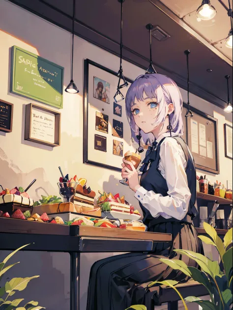 best quality, masterpiece, 2 girls, cafe, cake