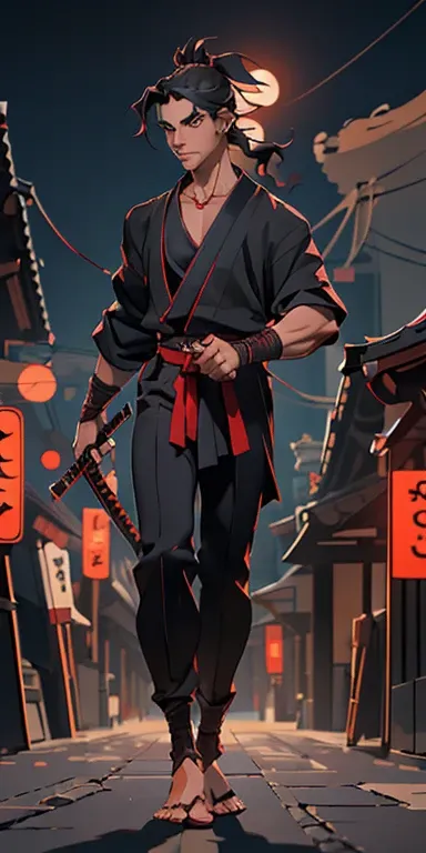 (masterpiece, best quality), full body image, 1man, collarbone, wavy hair, looking at viewer, blurry, upper body, necklace, modern Samurai, wearing black suit and red tie, ponytail, moonlight, in the middle of downtown Tokyo, holding his katana in one hand