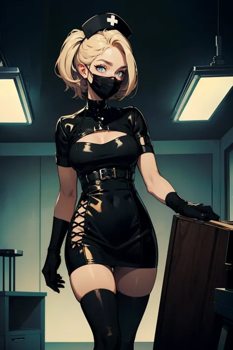 black nurse, 1woman, solo, black nurse cap, black wear, ((black legwear, zettai ryouiki)), black elbow gloves, blonde hair, blue eyes, ((black surgical mask, covered nose)), standing, ((surgery room)), sharp outline, short sleeves, mature female, 35 years ...