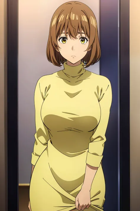 Best Quality, masutepiece, Brown hair, Yellow eyes, Yuriko Aoki, Stand in the changing room, Embarrassed look, oversize breast, no sleeves, Tight turtleneck, Thin fabric, The upper part of the body, Close-up on the chest,