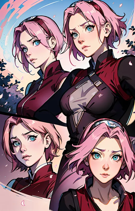 Sakura haruno, ANIME NARUTO, NINJA, ((forehead the show)), sad, attractive, wearing a ((red blouse)), pink hair, delicate, young, short hair, detailed face, in a village , full body, looking at the viewer, bandana on the head, trend in art by rhads, andrea...