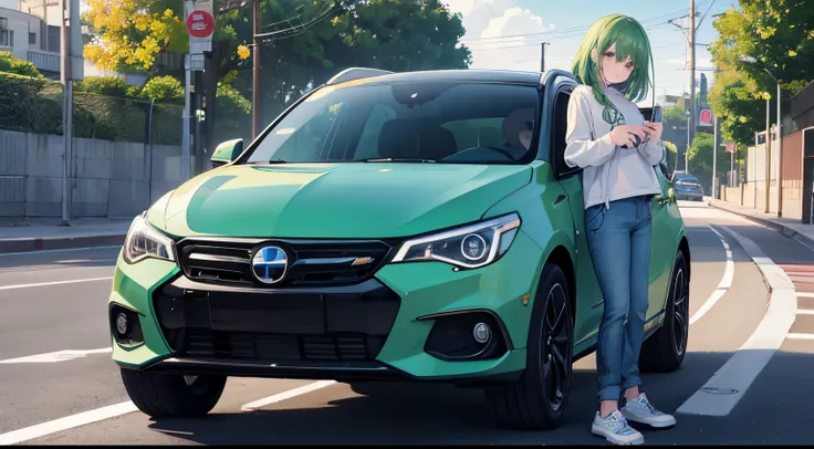 Chica anime con cabello verde y pantalones cortos negros posando dentro del coche, Estilo anime 4K, Retrato Anime Girl,Anime style. 8k,