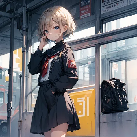 God quality,  anime moe artstyle,best anime 8k konachan wallpaper,badass anime 8k,perfect anatomy, (Please draw a girl walking sleepily to school. ),break, 1girl, (Solo,Loli,child,13-year-old:1.3),a junior high school student, androgynous charm, (Very Shor...