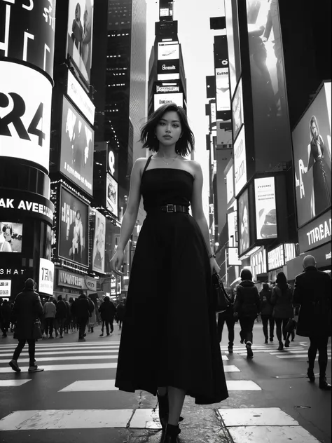 araffe swedish woman model walking down a busy city street in a dress, proportion of fashion models, a black and white photo, digital art, in time square, standing in time square, 4x5 styled street photography, street photo, street photography style, shot ...