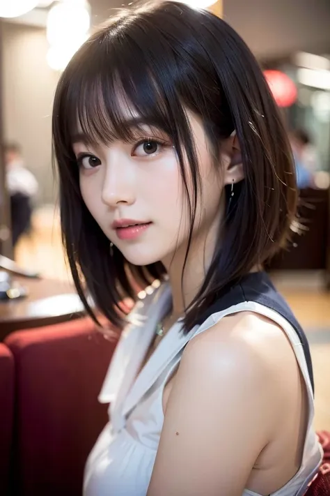 (The Highest Quality, 8k, 32k, masuterpiece, ws:1.2), 18歳、Photo of PrettyJapanese woman, large breasts, very short bob hair, total body, face focus, Luxury school uniforms:1.3, necklaces、, simple Backgrounds, from ABOVE, Look at the Viewer,korean idol、Nogi...