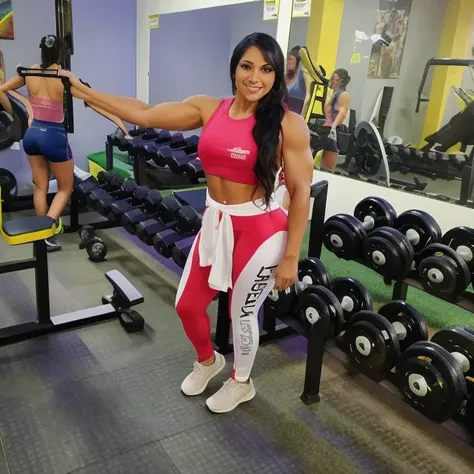 Hay una mujer con un top rosa y pantalones blancos en un gimnasio., IFBB Fitness Cuerpo, en un gimnasio, fit curvy physique, Cottagecore!! Cuerpo fitness, Foto en forma, Chica en forma, Cuerpo en forma, Hacer ejercicio, fit physique, Parece Fabiula Nascime...