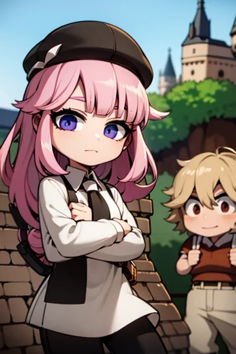 Two young  pink haired boys with violet eyes are playing in a castle