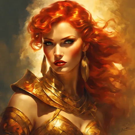 a beautiful warrior woman, with red hair, with golden highlights, styled like an illustration made by Rolf Armstrong, midjourney, 8k