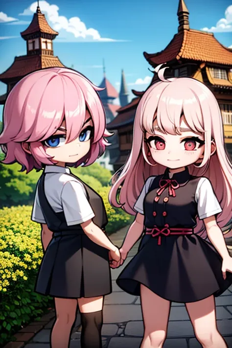 Two pink haired boys with violet eyes are playing in a castle